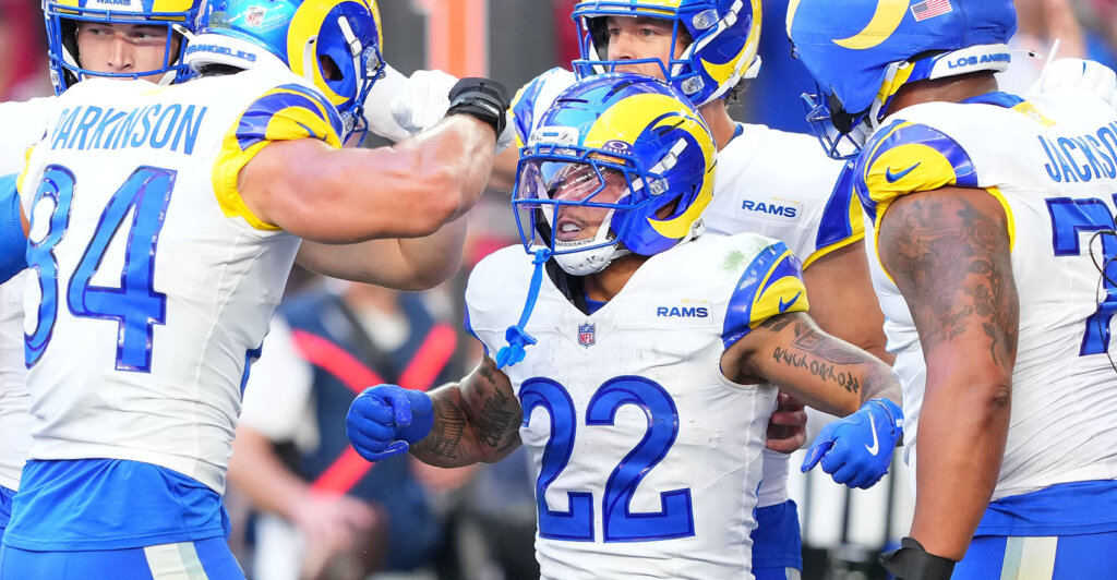 Dec 7, 2025; Glendale, Arizona, USA; Los Angeles Rams running back Blake Corum (22) reacts against the Arizona Cardinals during the first half at State Farm Stadium. Mandatory Credit: Joe Camporeale-Imagn Images