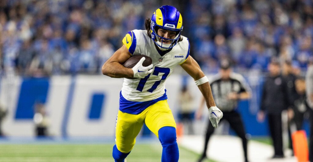 Puka Nacua #17 of the Los Angeles Rams catches a pass during the game against the Detroit Lions at Ford Field on January 14, 2024 in Detroit, Michigan. The Lions beat the Rams 24-23.